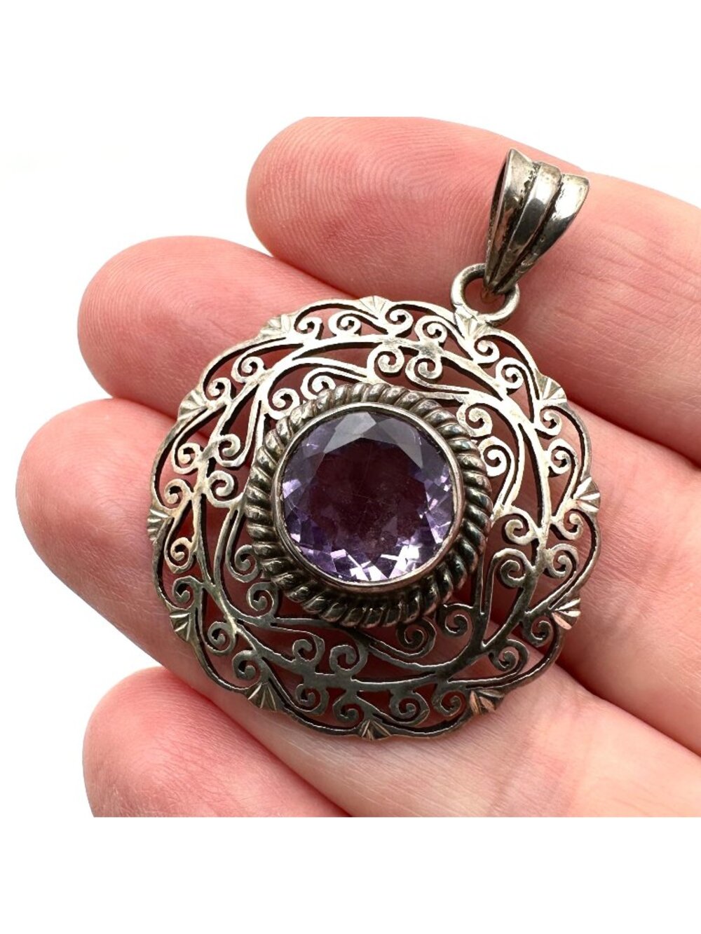 Purple Amethyst Gemstone Sterling Silver Filigree Pendant 1.5 Inch